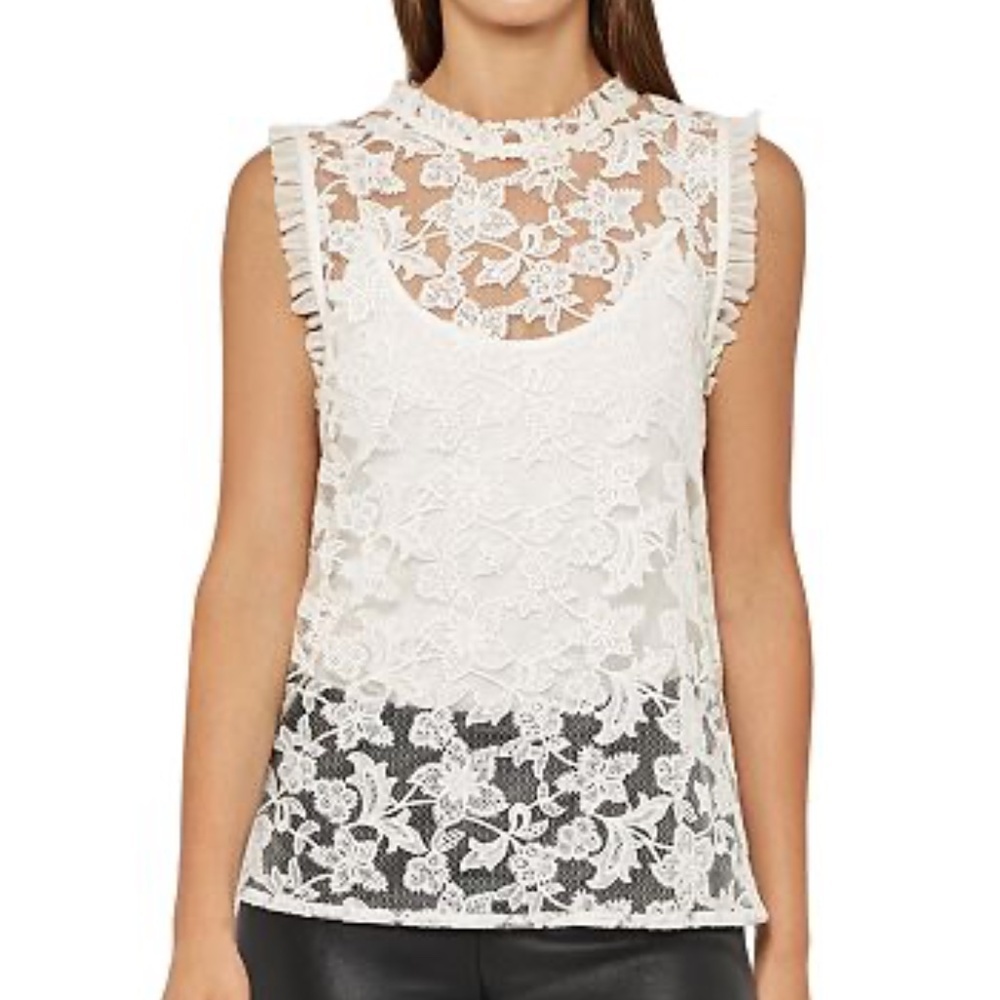 EUC Reiss Marina Sleeveless Lace Frill Top, Off White Sz 6